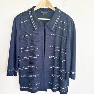 Ming Wang Sweater XL Blue Stripe Knit Cardigan Hook Closure 3/4 Sleeve